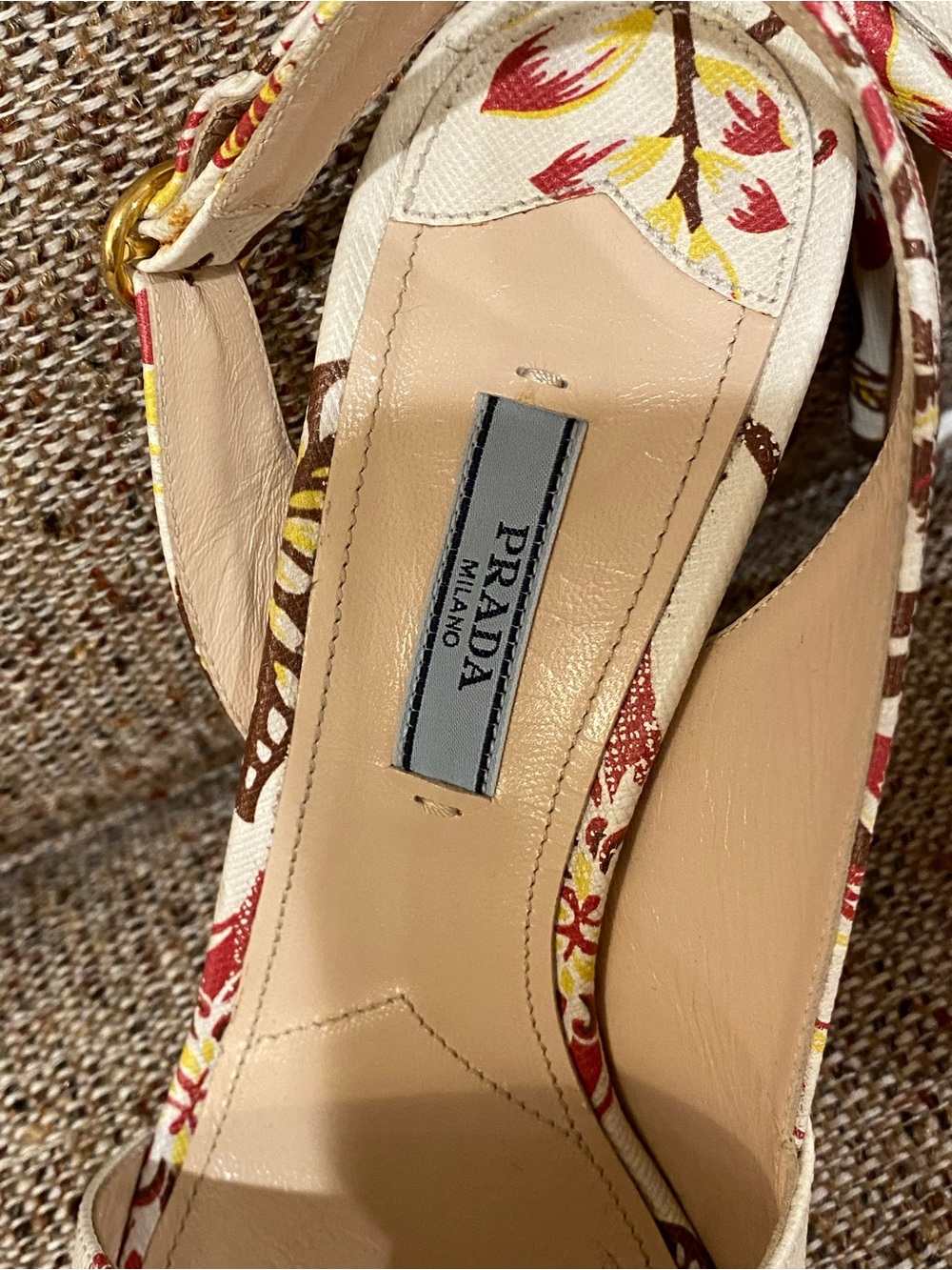 Prada Cream Floral Slingback Heels with Red & Yellow Accents - Picture 2 of 14